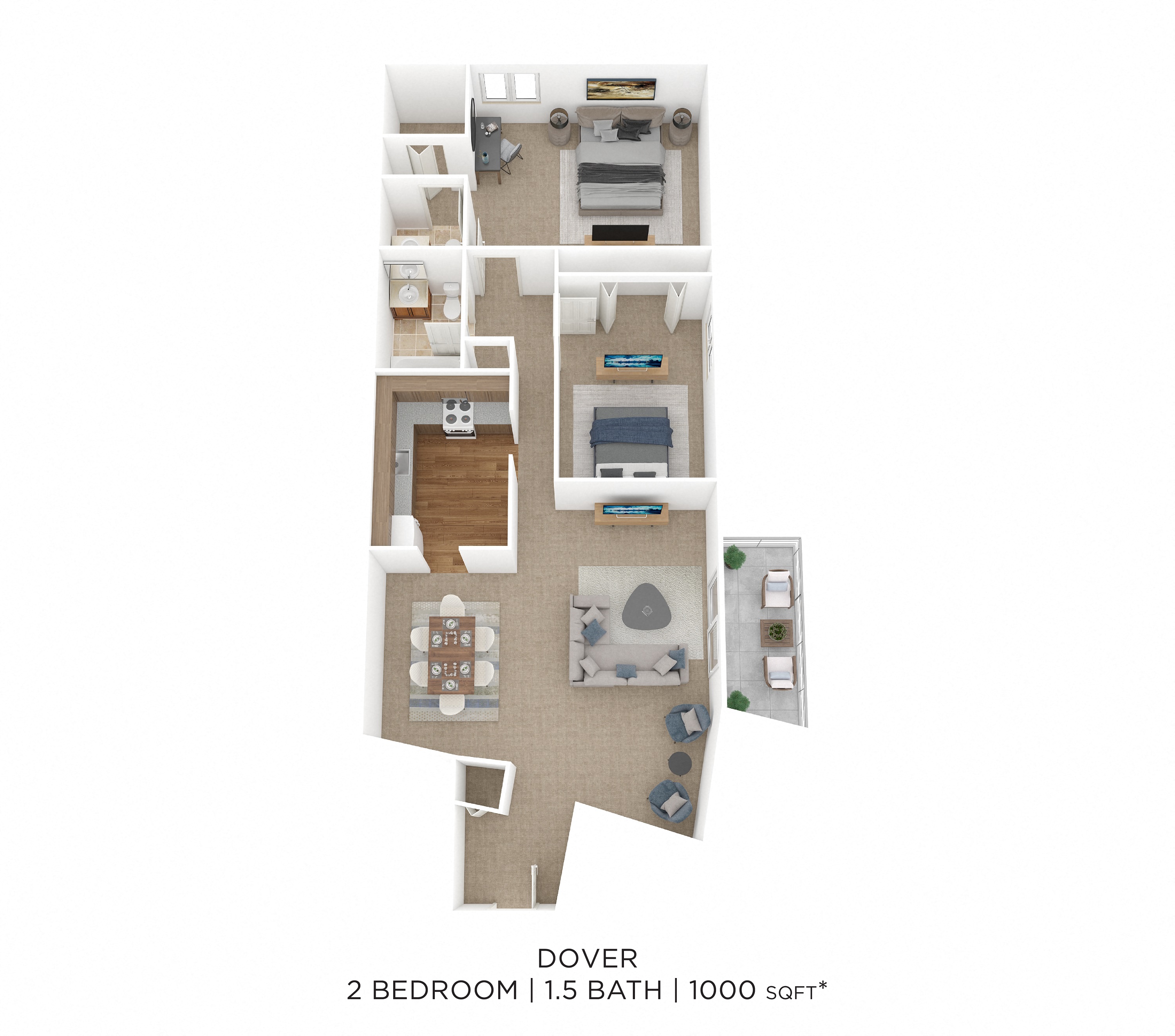 Floor plan for 2 beds, 1.5 baths, 1000 sqft